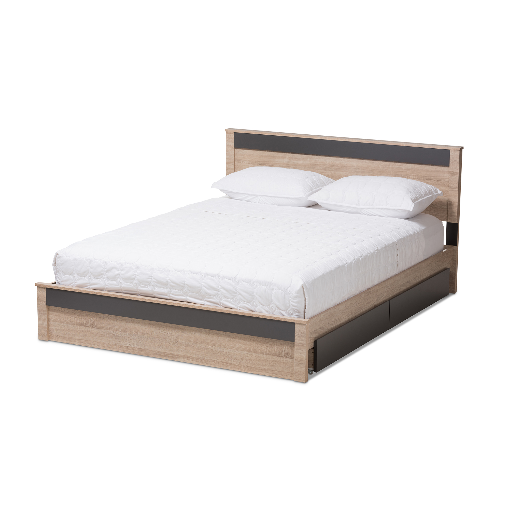 Baxton Studio Jamie Modern and Contemporary Two-Tone Oak and Grey Wood Queen 2-Drawer Queen Size Storage Platform Bed